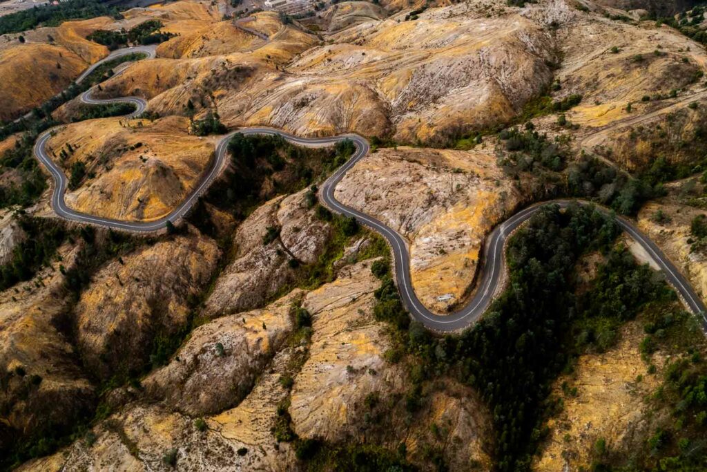 An aerial view of the 99 Bends road near Queenstown.