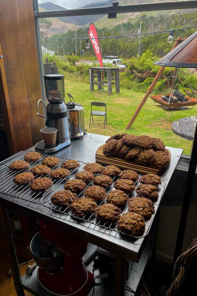 Some freshly backed biscuits in the window at Linda Cafe.